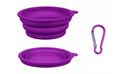 Violetti, kokoontaitettava koiran kulho, 350 ml, helppo kantaa. Soveltuu matkustukseen – nimilaatta koiralle.