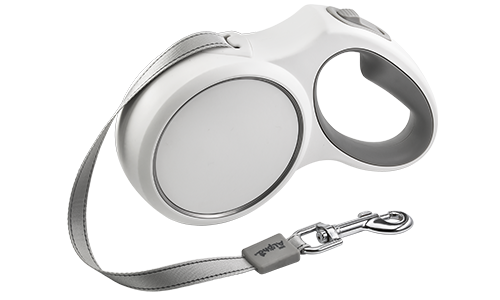 Valkoinen vetoketjullinen koiran talutushihna ergonomisella harmaalla kahvalla, pituus jopa 5 metriä, kestävä klipsi.