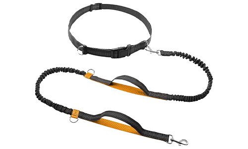 Koiran lyhennettävä hands free -juoksuvyö Oranssi hands-free juoksukoiran talutushihna, pituus 70-120 cm, leveys 2,5 cm, säädettävä vyö, pehmustetut kahvat.
