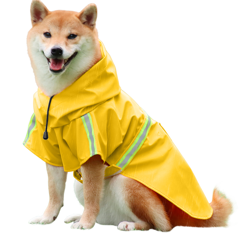 Vedenpitävä Koiran Sadetakki Heijastavalla Raidalla Shiba Inu keltaisessa vedenpitävässä sadetakissa, heijastinteipit, helppo pukea ja riisua, sateenkävelyihin.