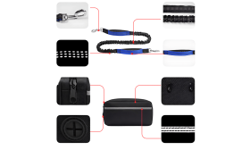 Koirien Handsfree-hihna Säädettävällä Vyöllä ja Pussilla Sininen kädet vapaa koiran talutushihna heijastavilla saumoilla, säädettävällä vyösoljella, pituus 27-48 tuumaa.