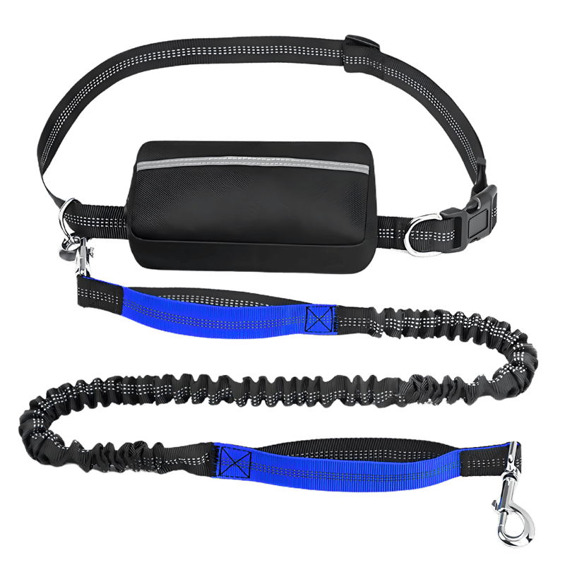 Koirien Handsfree-hihna Säädettävällä Vyöllä ja Pussilla Sininen kädet vapaa koiran talutushihna säädettävällä vyösoljella ja säilytystaskulla, pituus 27-48 tuumaa.