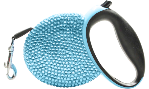 Sininen ylellinen kelautuva talutushihna, musta kahva, sinisillä strassikivillä, jatkuu jopa 3 metriin.