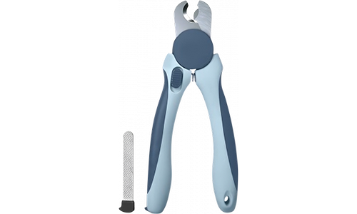 Siniset koiran kynsisakset, joissa ergonomiset kahvat, turvasuoja ja metalliviila, sopivat sekä koirille että kissoille